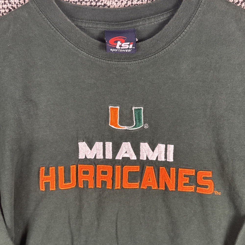 Miami Hurricanes Long Sleeve Embroidered T Shirt Junior XL Green Crew Neck TSI - Picture 3 of 9
